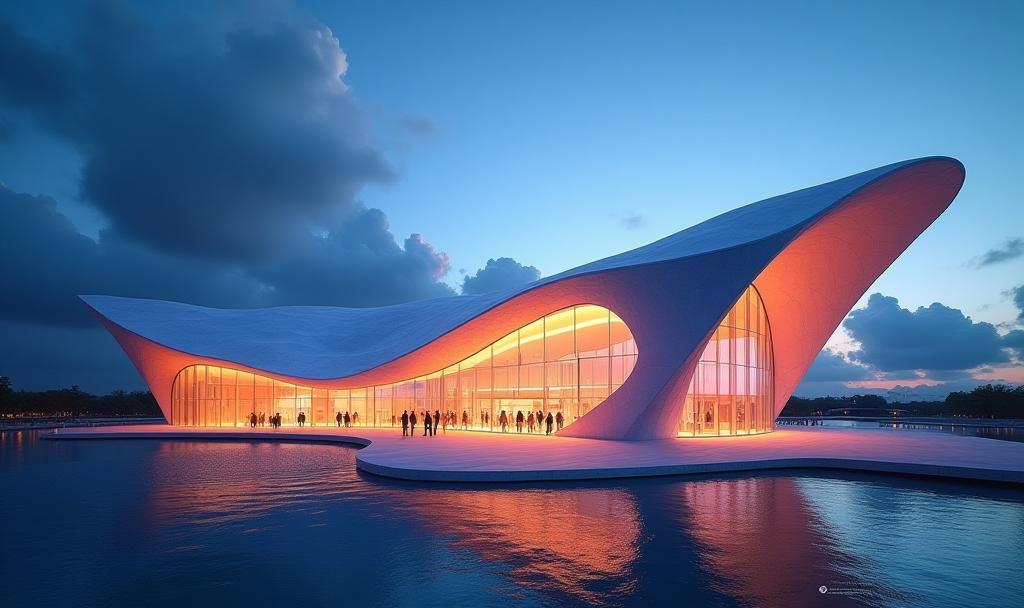 Futuristic visualization of NipponFutureTech's EXPO 2025 Osaka pavilion at dusk