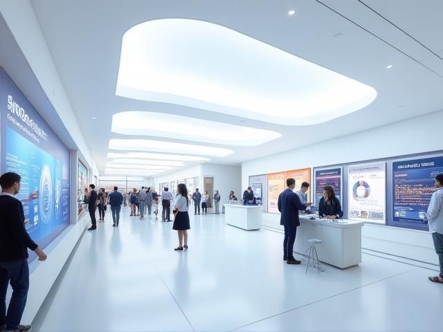 Conceptual artwork of the NipponFutureTech EXPO 2025 Pavilion interior showcasing interactive displays